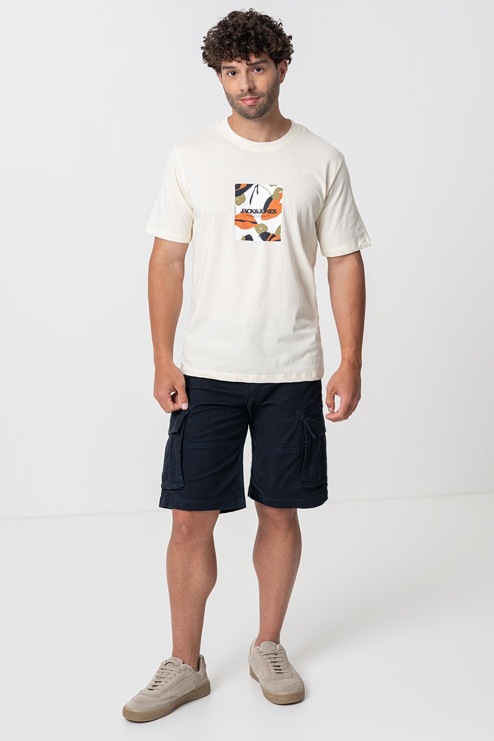 Jack & Jones, Tricou de bumbac cu imprimeu frontal, Crem, S