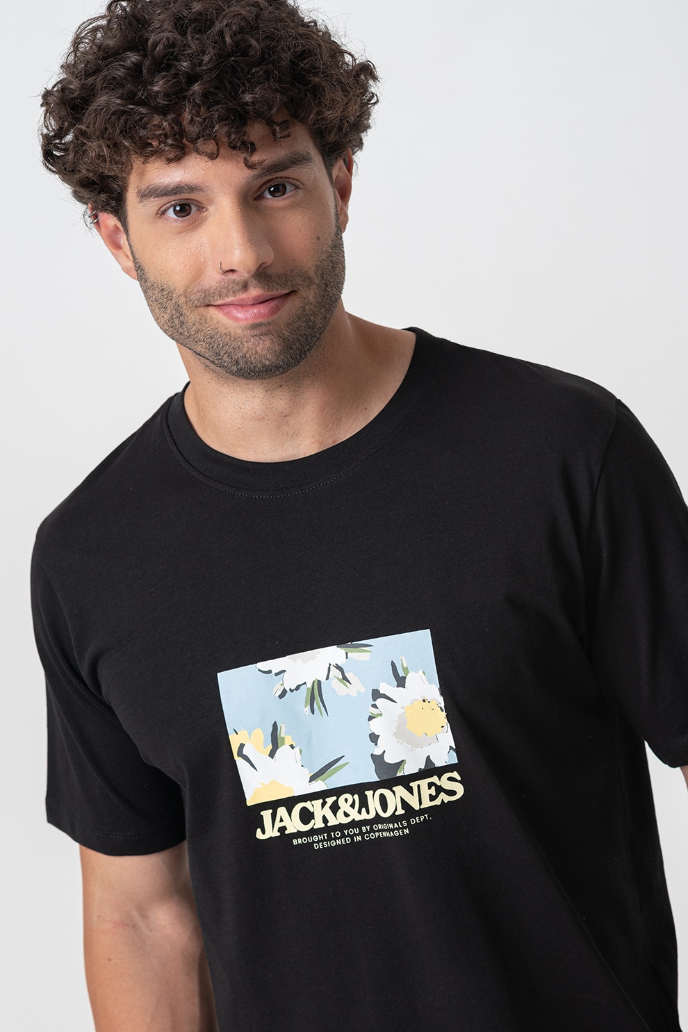 Jack & Jones, Tricou de bumbac cu imprimeu frontal, Negru, M
