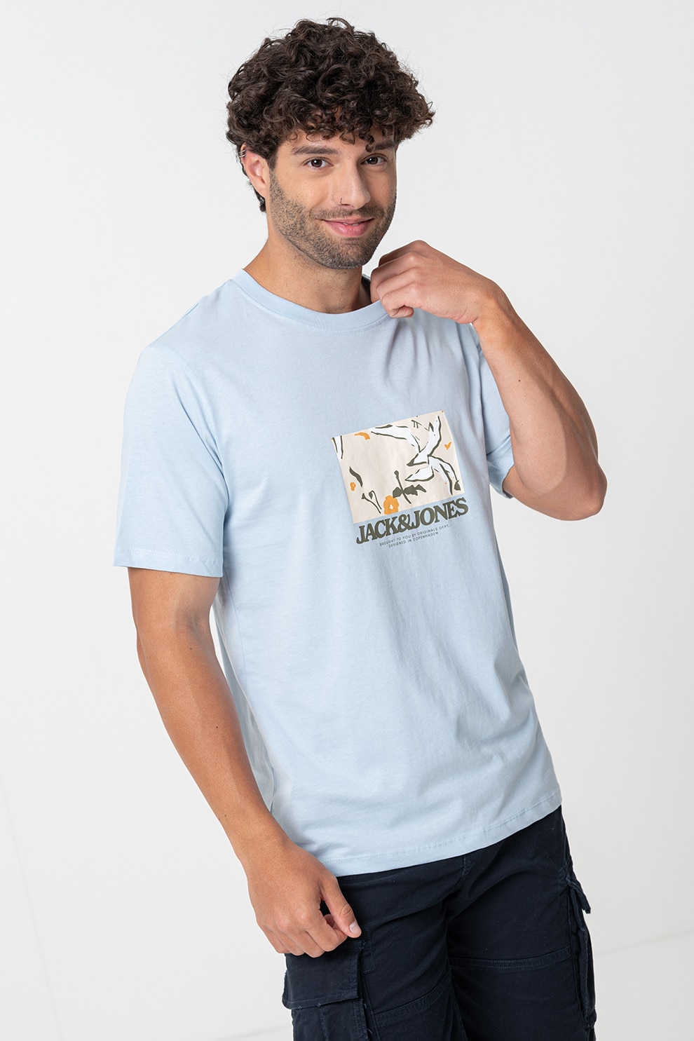 Jack & Jones, Tricou de bumbac cu imprimeu frontal, Albastru pastel, XL