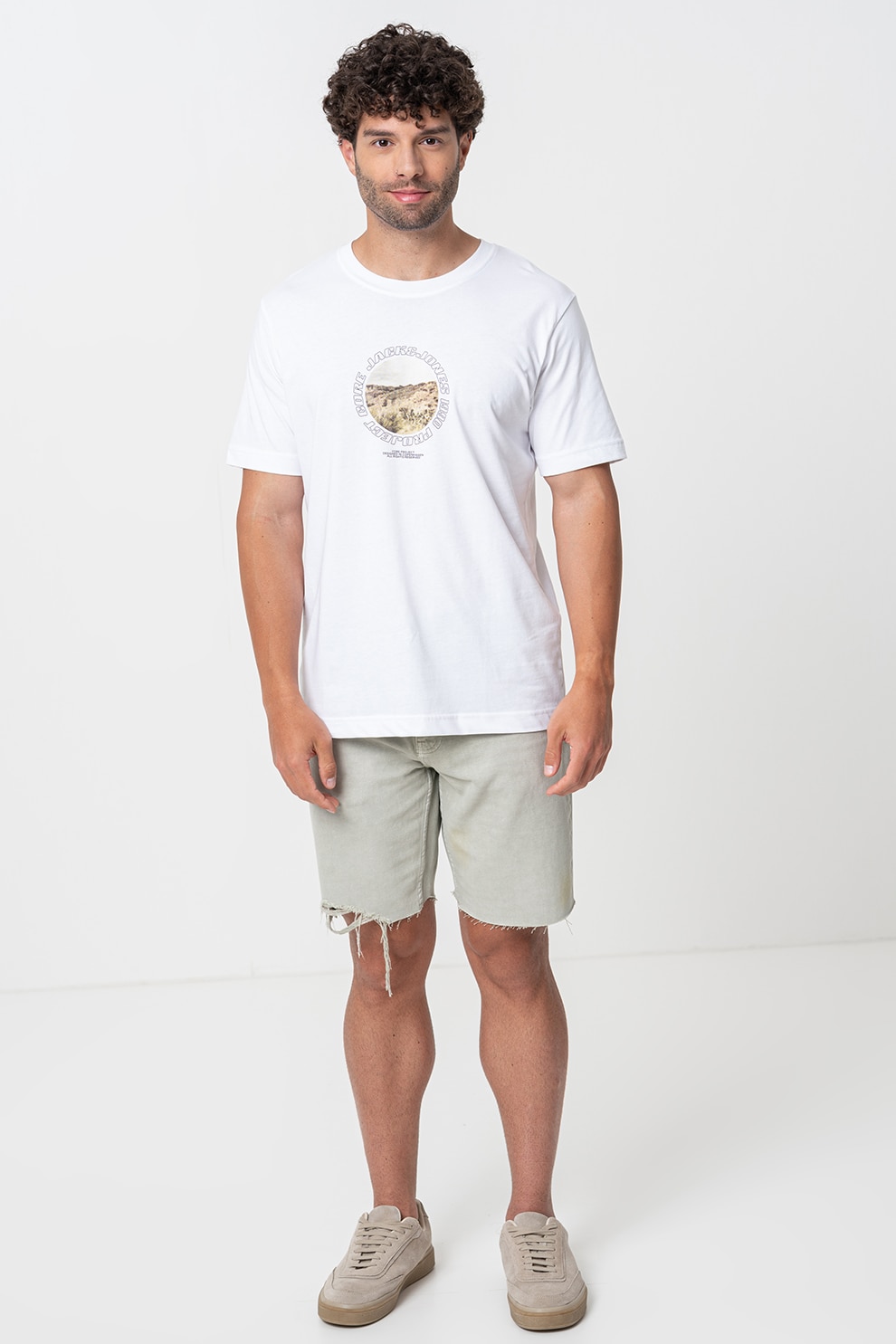 Jack & Jones, Tricou cu decolteu la baza gatului si imprimeu frontal, Alb optic, XL