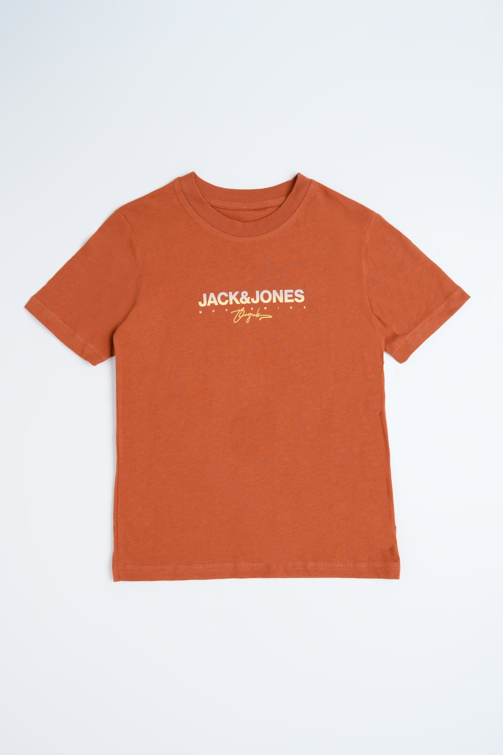 Jack & Jones, Tricou cu decolteu la baza gatului si imprimeu logo, Maro scortisoara, 164 CM