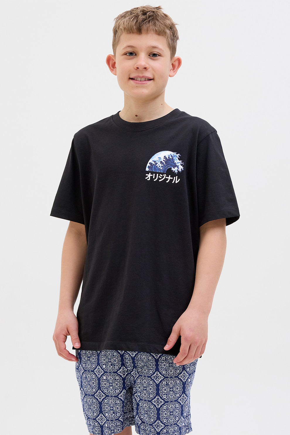 Jack & Jones, Tricou cu decolteu la baza gatului si imprimeu, Negru, Albastru, 152 CM
