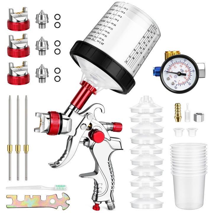 Pistol Pulverizator Hvlp XIHUANNI, 3 Duze, Pahar Plastic 600 ml, sistem profesional, 30 bar