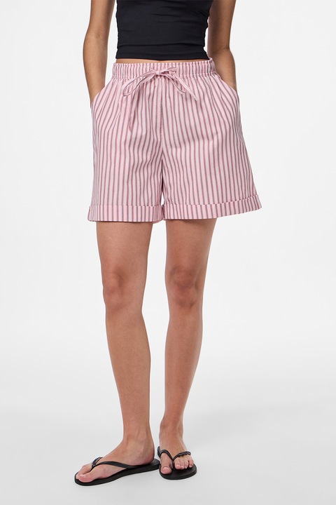 Pieces, Pantaloni scurti din bumbac cu model in dungi, Roz