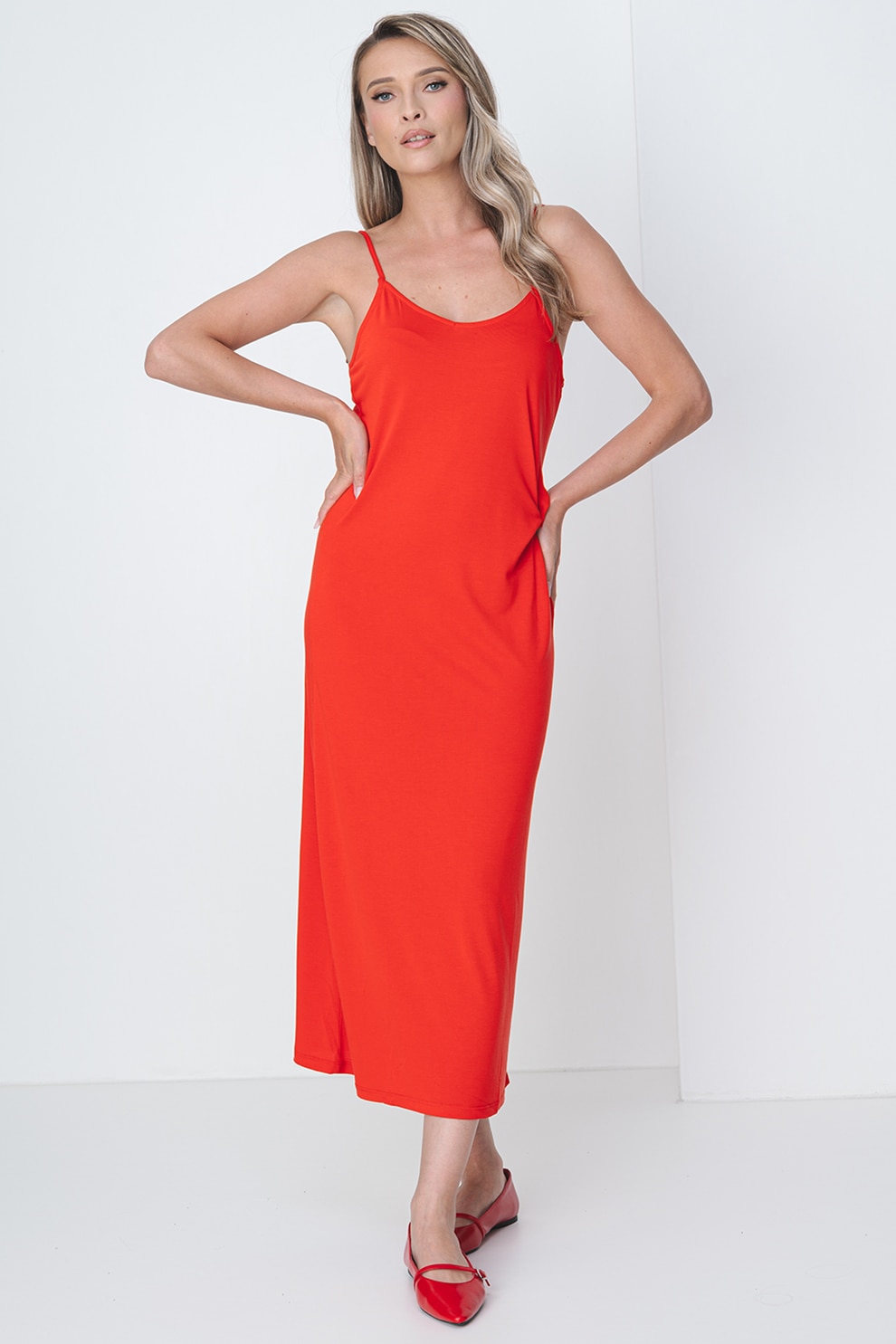 Pieces, Rochie midi dreapta cu bretele inguste Canora, Rosu, M
