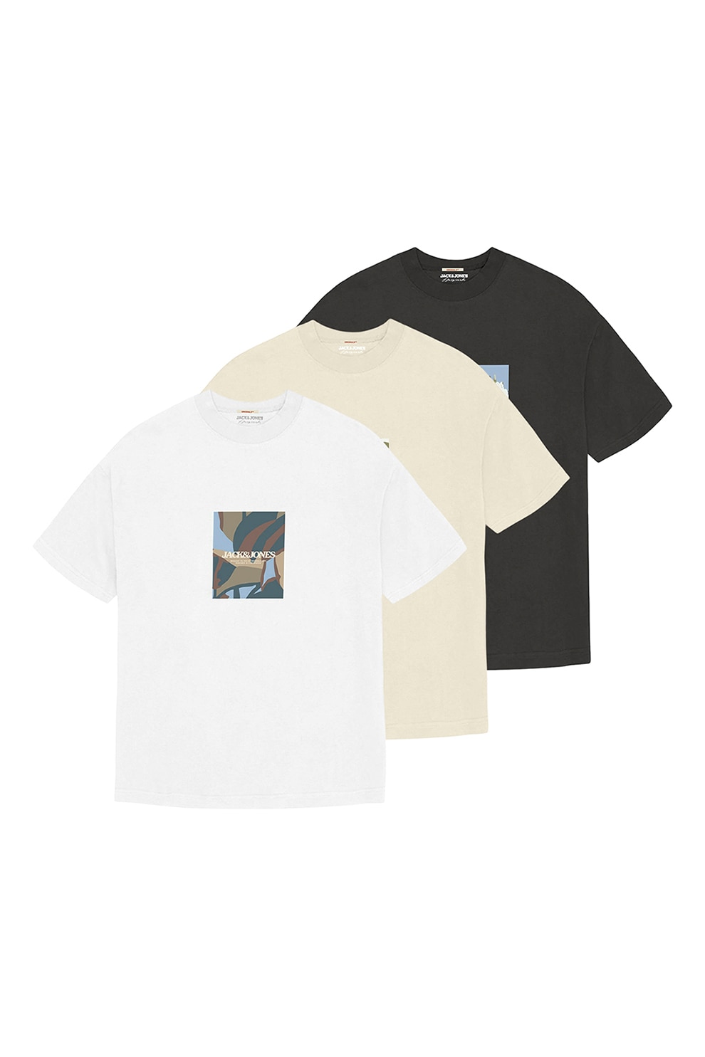 Jack & Jones, Set de tricouri cu imprimeu si decolteu la baza gatului - 3 piese, Alb, Negru, Crem, S