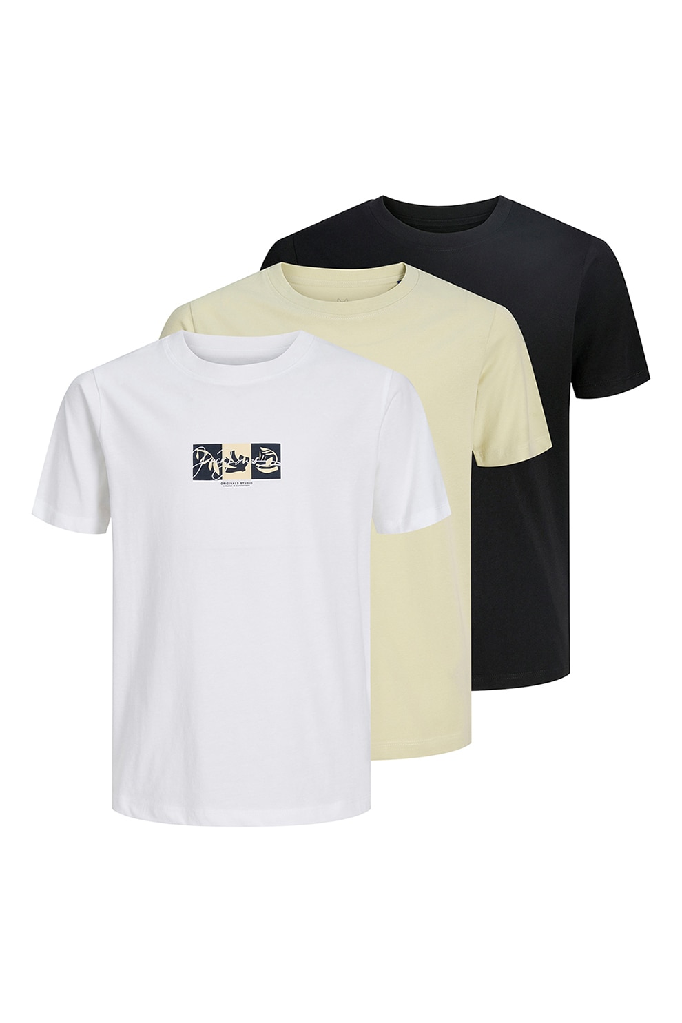 Jack & Jones, Set de tricouri din bumbac cu imprimeu grafic - 3 piese, Negru, Crem, 152 CM