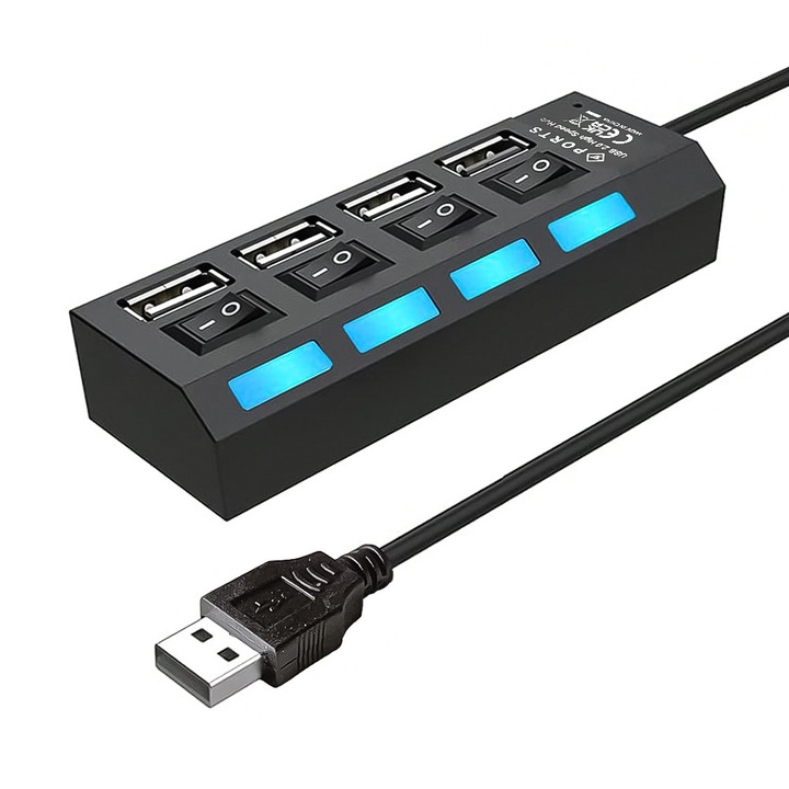 USB 2.0 хъб с 4 порта и индивидуални превключватели за включване/изключване, преносим USB умножител и разделител, високоскоростно разширение, съвместимо с лаптоп, компютър, MacBook, конзоли, идеално за управление на периферни устройства, офис и дом