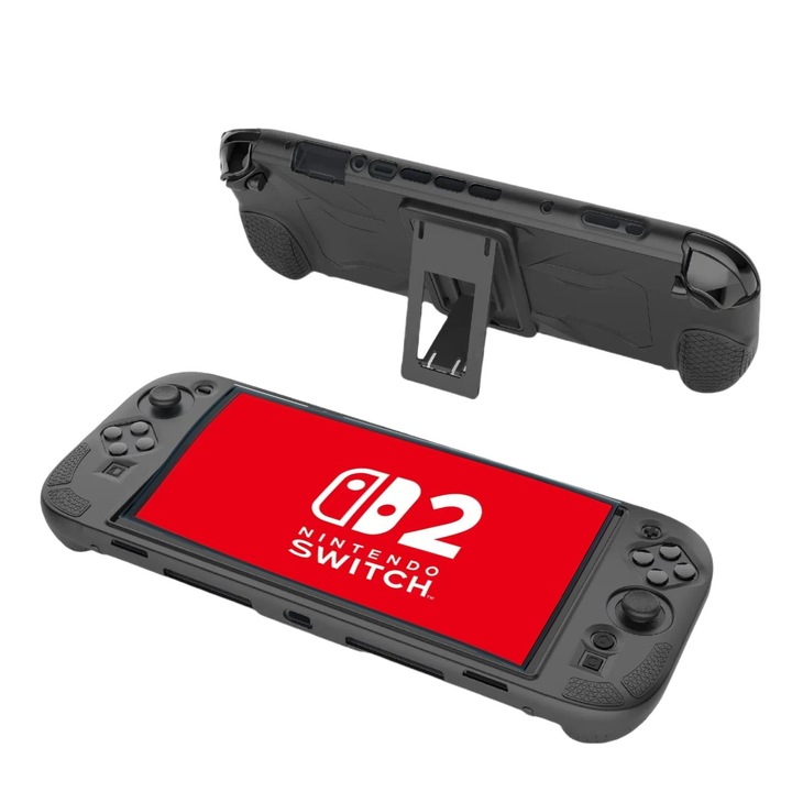 Husa de protectie Nintendo Switch 2 (2025), Omelivon, Anti-Zgarieturi, Cu suport, Ergonomic design, Material siliconic, Negru