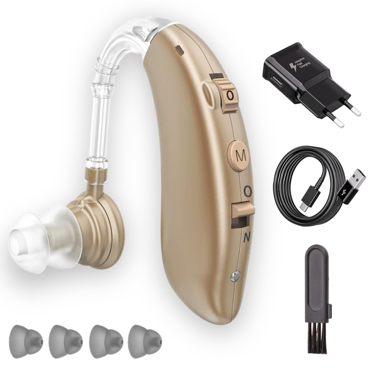 Aparat Auditiv Vala Tech®️, 100H Autonomie, Amplificare 130dB, Reducere Zgomot, 4 Trepte Volum, 4 Moduri, Amplificator de Sunet, Hipoacuzie Medie-Severa, Perie Curatare, 4x Dopuri Incluse, Reincarcabil, Discret, Proteza Auditiva, Adulti/Varstnici