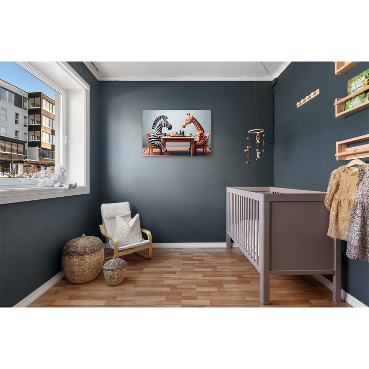 Tablou Canvas, Zebra si Girafa jucand Sah Imagine Digitala AI, 40x60 cm