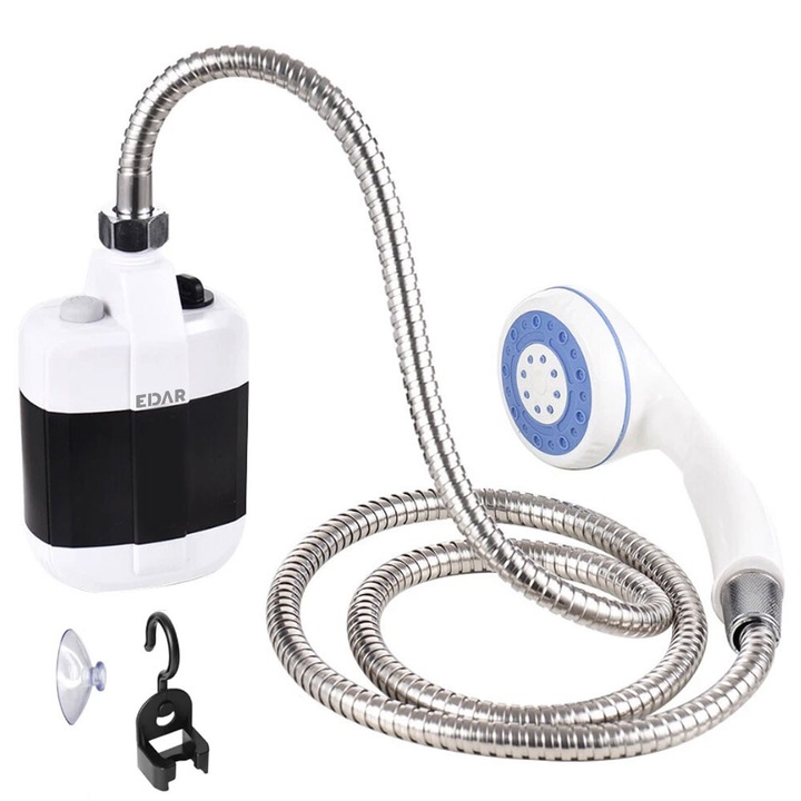 Dus electric portabil pentru camping, EDAR, Plastic, Pompa acumulator 2200 mAh, Alimentare USB, Furtun 1.5m , Alb/Negru