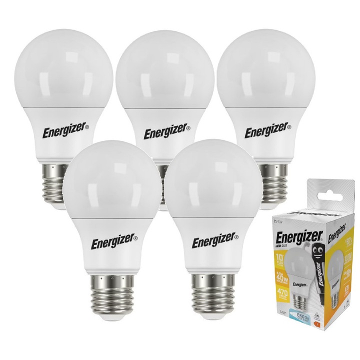 Комплект от 5 LED крушки тип „глобус“, 4.9W, E27, 470 лумена, 6500K, студена светлина, енергиен клас F, Energizer