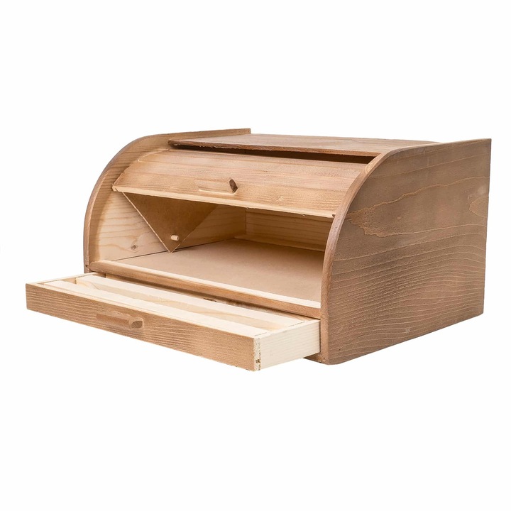 Kenyértartó doboz aprítóval és fiókkal, bükkfából, 38,5x28x20cm / 1075-1