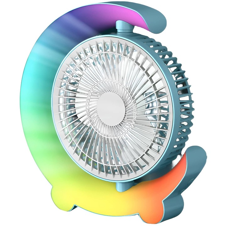 Настолен вентилатор Aurov®, компактен, 3 скорости, захранван от USB, регулируемо амбиентно осветление, безшумен, идеален за офис, спалня или дом, многоцветен