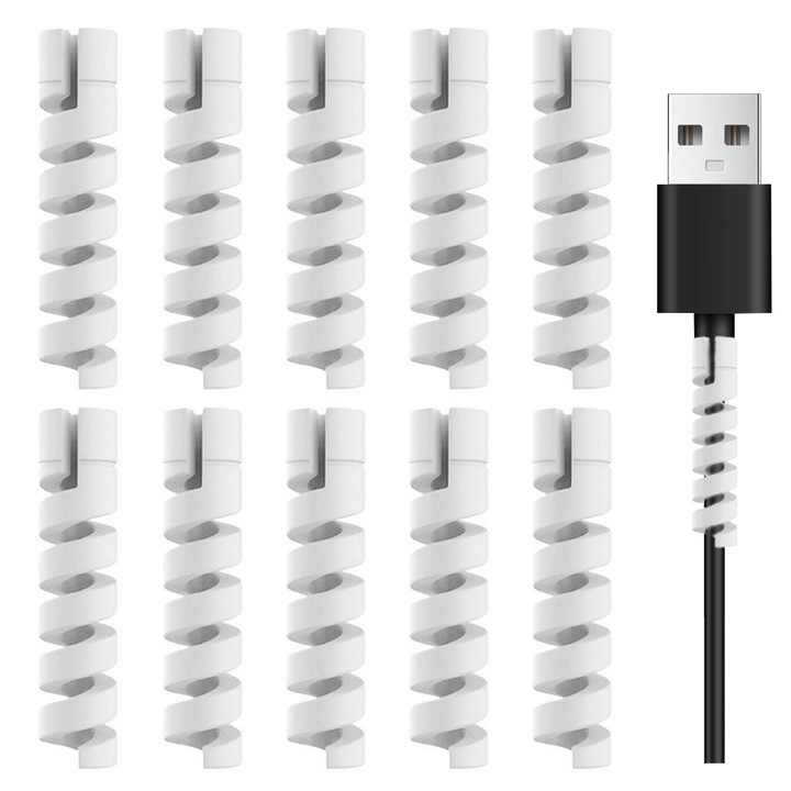 Set 10 Protectii pentru Cabluri de Incarcare, Pachet Protector de Cablu Universal，Design Spiralat din Silicon Flexibil ce Previne Ruperea si Franjurarea, Prelungeste Durata de Viata a Firelor de iPhone, USB-C, Casti, Alb