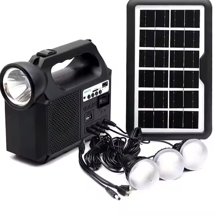 Set panou solar, Cu 3 Becuri, Incarcator USB Si Lanterna, GD-Light 8017 Plus, Brivoo®