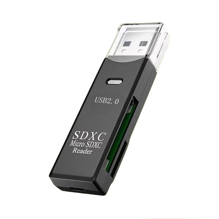 USB-A 2.0 adapterolvasó SD/Micro SD kártyákhoz, nélkülözhetetlen eszköz a fotósok számára, gyorsan átmásol fényképeket/videókat kameráról/drónról/autós kameráról, egyidejűleg olvas, PC-ről vagy laptopról, fekete