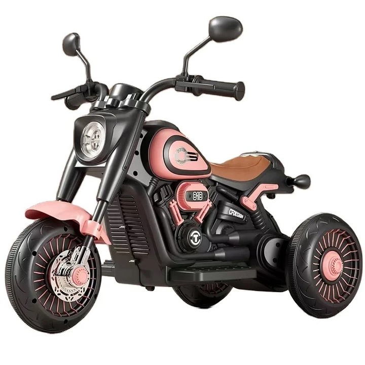 Tricicleta Electrica Copii Dual-Drive 380, 2 Baterii 6V, Lumini LED, Sunete, Telecomanda Wireless 2.4G, Sistem Anti-Rasturnare, Bluetooth, Roz-Negru