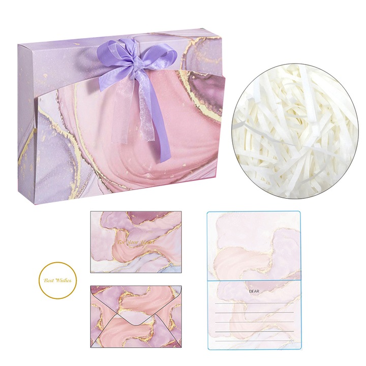 Комплект подаръчни кутии 3 в 1, опаковъчна кутия, кутия + 20 г парченца рафия + поздравителна картичка, 27x19,5x5 см