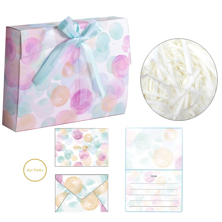 Комплект подаръчни кутии 3 в 1, опаковъчна кутия, кутия + 20 г парченца рафия + поздравителна картичка, 27x19,5x5 см