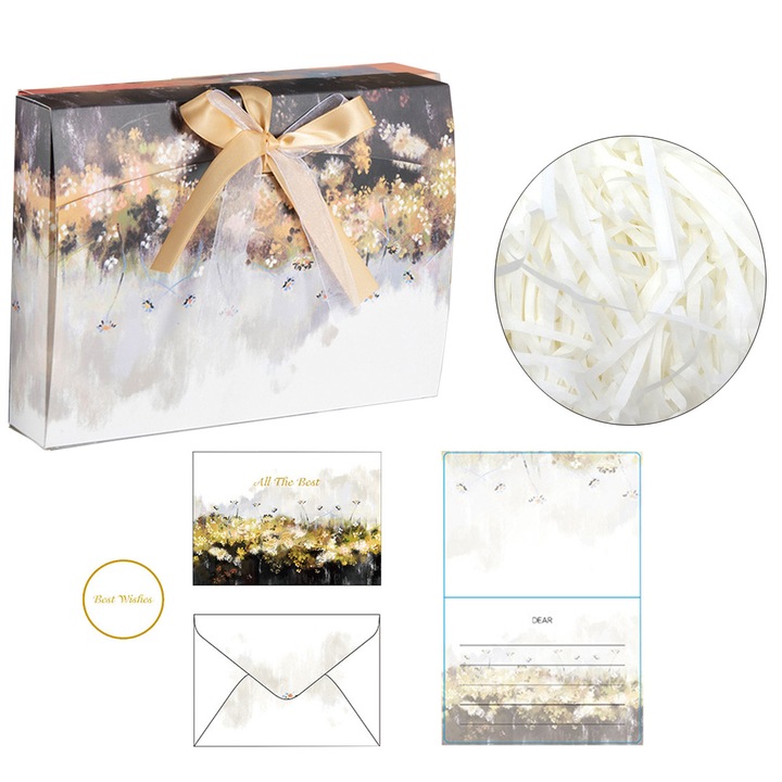 Комплект подаръчни кутии 3 в 1, опаковъчна кутия, кутия + 20 г парченца рафия + поздравителна картичка, 35x25x7 см