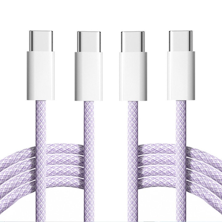 Комплект от 2 USB-C към USB-C кабела 1M, за бързо зареждане PD 60W, издръжлив плетен дизайн, съвместим с Apple телефони (iPhone 16/15), Samsung S25, Xiaomi, Android телефони, MacBook, iPad, лилав