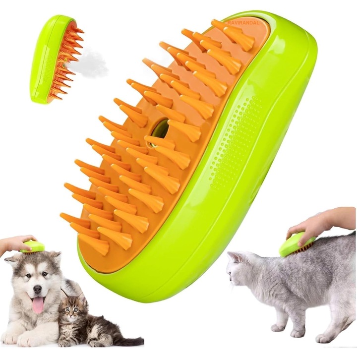 Perie cu aburi 3 in 1 pentru animale de companie – Giftry®, Curatare delicata, masaj relaxant, reincarcare USB, potrivita pentru pisici si caini, Verde