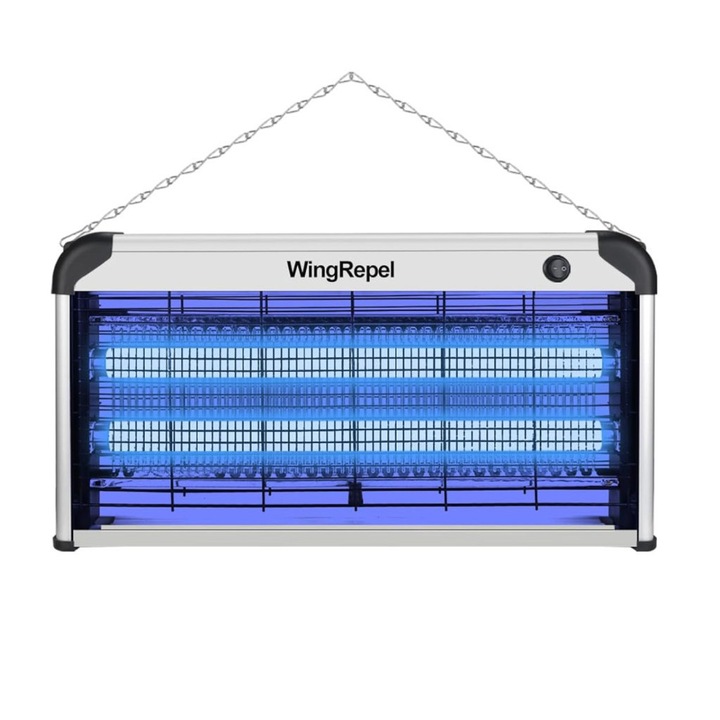 WingRepel® elektromos rovarcsapda, szúnyogirtó, 2x15W-os UV fénycső, alumínium ház, max. 120m² terület, világos szürke