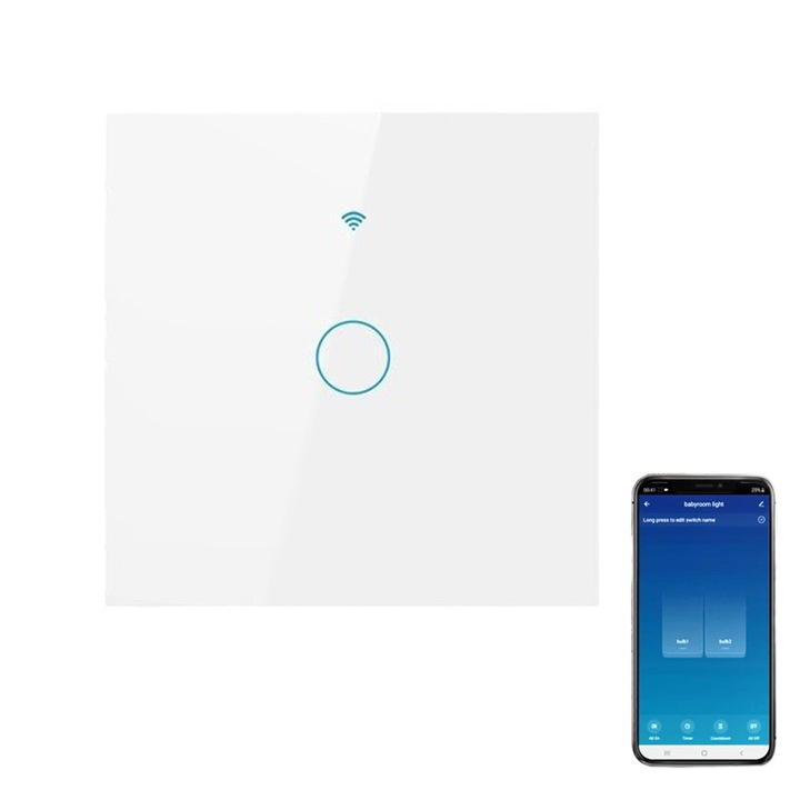 Intrerupator inteligent Golxmse, WiFi, control vocal, alb, 86x86x35mm