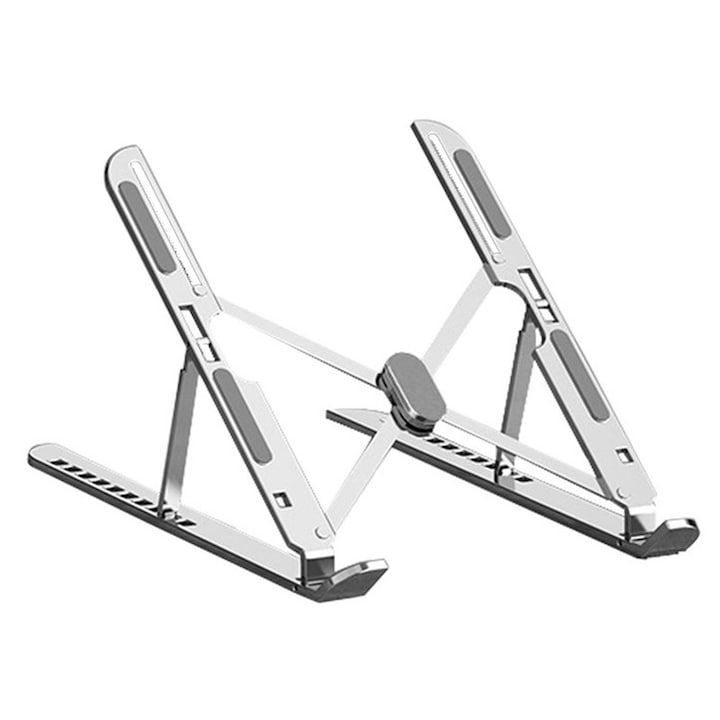 "Stand Portabil din Aluminiu pentru Laptop (10-15.6 inch), Pliabil si Ajustabil cu Reglabil 10 Niveluri de Inaltime, Constructie Aluminiu pentru Ventilatie, Usor de Transportat, Paduri Anti-alunecare, pentru MacBook, HP, Dell, Argintiu "