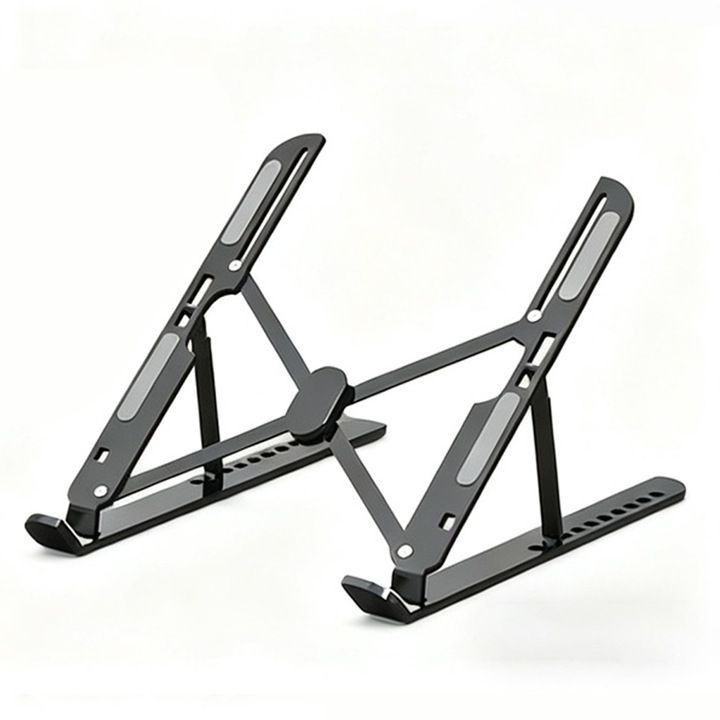 Stand Portabil din Aluminiu pentru Laptop (10-15.6 inch), Pliabil si Ajustabil cu Reglabil 10 Niveluri de Inaltime, Constructie Aluminiu pentru Ventilatie, Usor de Transportat, Paduri Anti-alunecare, pentru MacBook, HP, Dell, Negru
