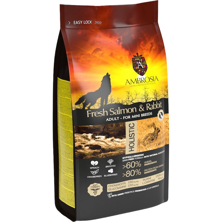 Ambrosia gabonamentes táp kistestű kutyáknak, friss lazac és bárányhús 5 kg