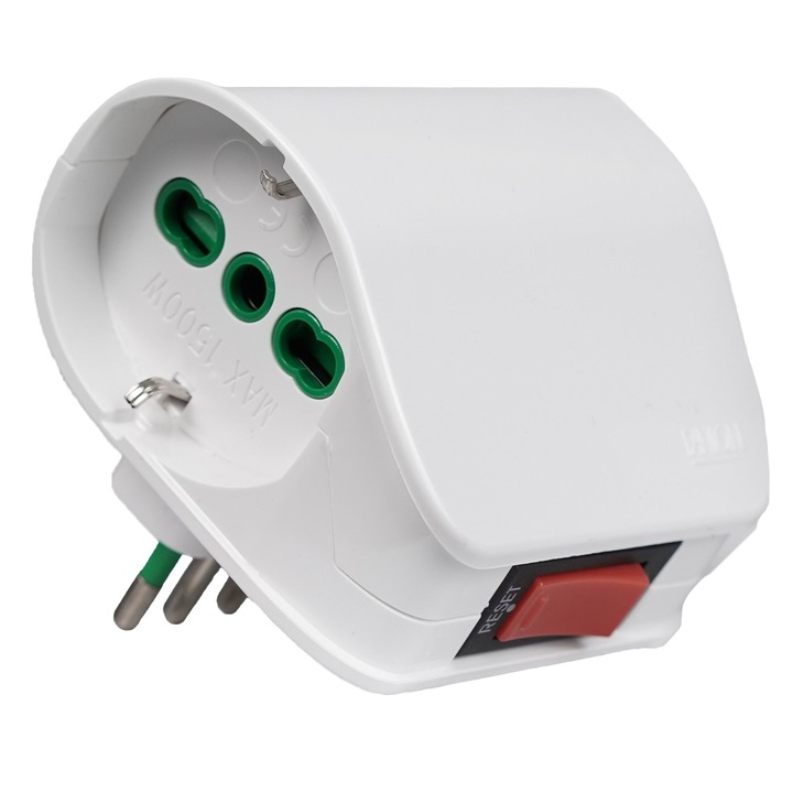 Adaptor Dublu, 2x Prize Schuko / Italiana (dual-size) 2P+E 10/16A, 250V, Fisa Standart Italian 2P+E, 10A, Intrerupator de Supratensiune, Protectie Copii, Alb, Fanton