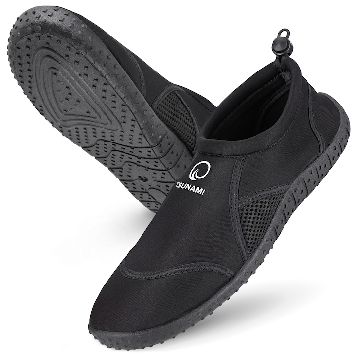 Pantofi de apa, TSUNAMI, pentru copii si adulti, usori, flexibili, talpa din cauciuc TPR antiderapanta, neopren respirabil, uscare rapida, protectie impotriva pietrelor si aricilor de mare, marimea 28, culoare negru