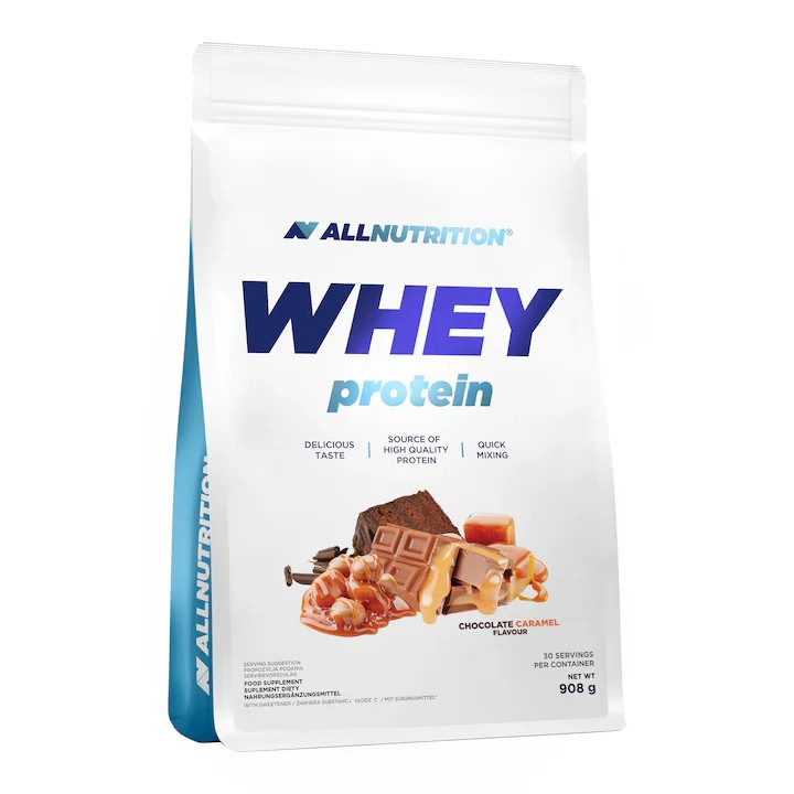 Proteine din zer, ALLNUTRITION Whey Protein, 908g, aroma de ciocolata-caramel, fara zahar, fara gluten, pentru cresterea masei musculare recuperare rapida si sustinerea performantei sportive