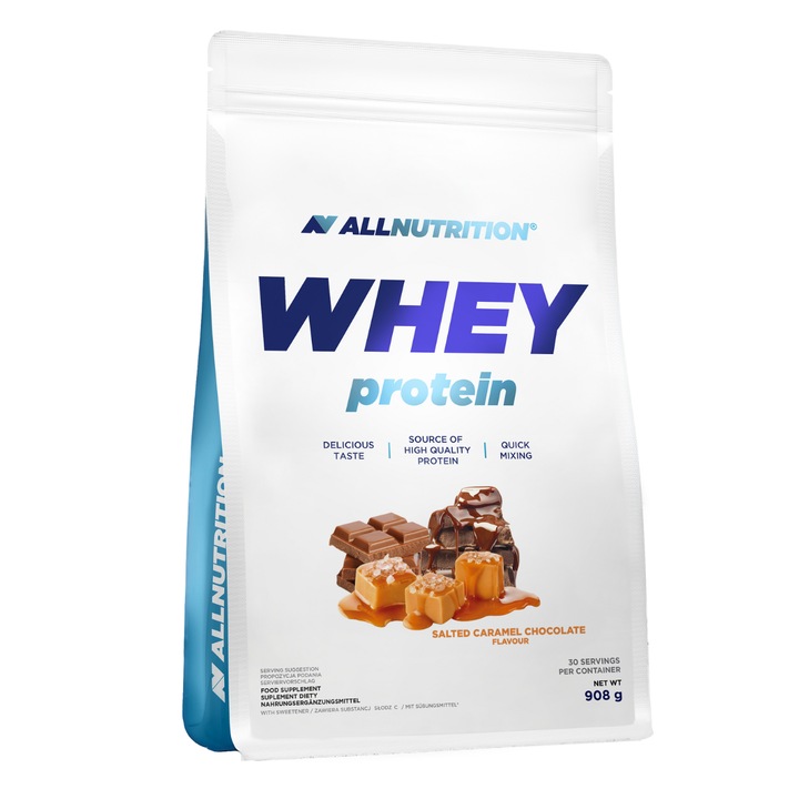 Proteine ALLNUTRITION Whey Protein, 908g, aroma Ciocolata-Caramel-Nuci, pudra proteica, bautura proteica
