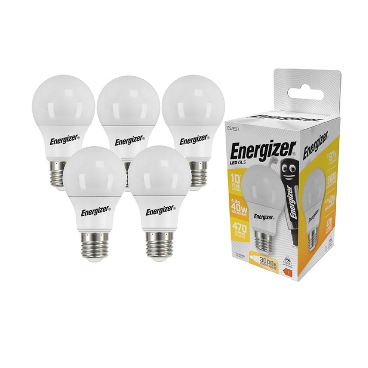 Комплект от 5 LED крушки тип „глобус“, 4.9W, E27, 470 лумена, 3000K, топла светлина, енергиен клас F, Energizer