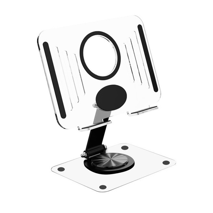 Suport de Birou Rotativ 360° pentru Tableta si Telefon, Stand Universal Pliabil pentru Tableta/E-Reader/Consola, Pliabil, Reglabil pe Inaltime si Multi-Unghiular, Baza Stabila pentru iPad Pro/Air, Samsung Tab, Kindle, Switch (4-13 inch), Alb cu Negru