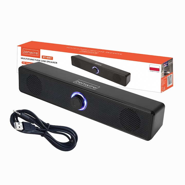 Soundbar, Zenwire, BT-S057, PC hangszóró, AUX-USB 3.0/2.0, 18W, Jack 3,5 mm, Számítógépes hangszórók zajcsökkentés ≥ 75 dB, Frekvenciaválasz 120 Hz-20 kHz, Kompatibilis Windows, IOS, Android, Linux