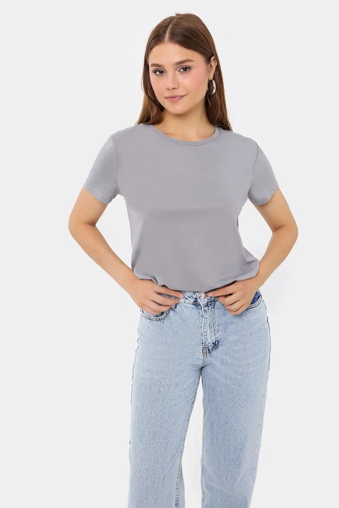 Tricou dama, HiCCUP, basic, guler rotund, maneca scurta, gri, bumbac
