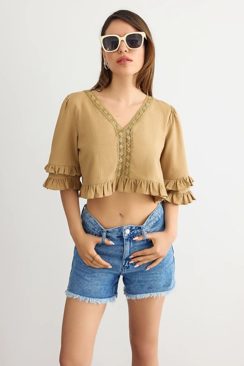 Bluza scurta, HiCCUP, decolteu in V, volane, maro, bumbac