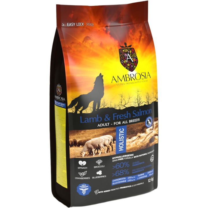 Ambrosia gabonamentes kutyatáp, friss bárányhús és lazac 12 kg