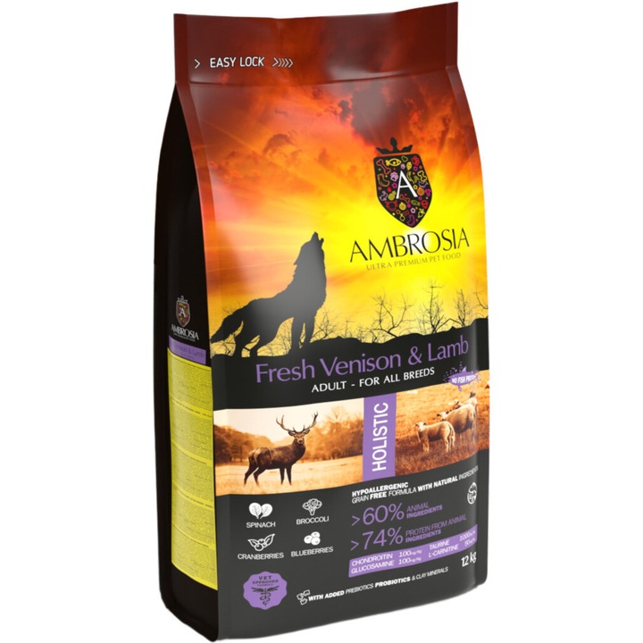 Ambrosia gabonamentes kutyatáp, friss szarvas- és bárányhús 12 kg