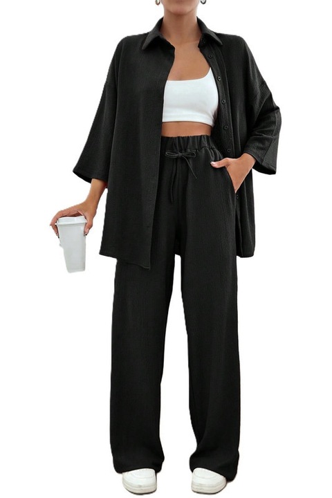 Set Dama, Camasa Maneca 3 Sferturi & Pantaloni Talie Inalta, Negru