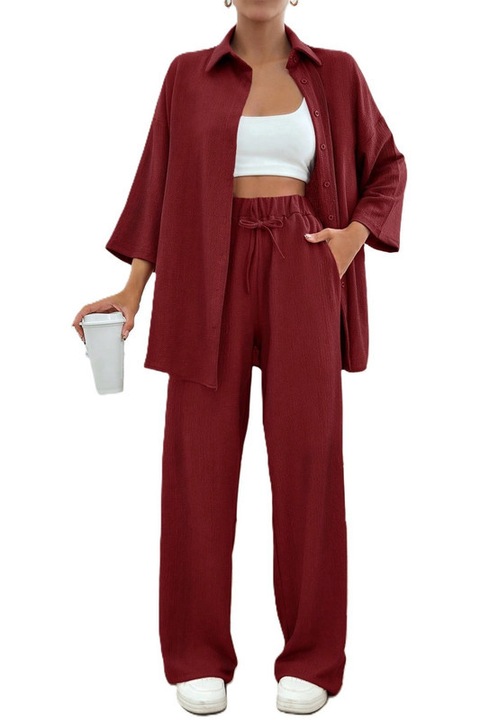 Set Dama, Camasa Maneca 3 Sferturi & Pantaloni Talie Inalta, Visiniu