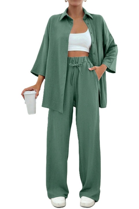 Set Dama, Camasa Maneca 3 Sferturi & Pantaloni Talie Inalta, Verde menta