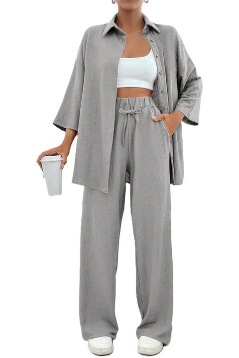 Set Dama, Camasa Maneca 3 Sferturi & Pantaloni Talie Inalta, Gri deschis