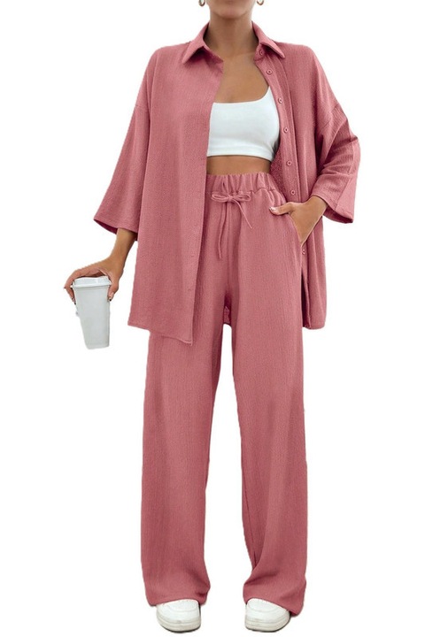 Set Dama, Camasa Maneca 3 Sferturi & Pantaloni Talie Inalta, Roz prafuit