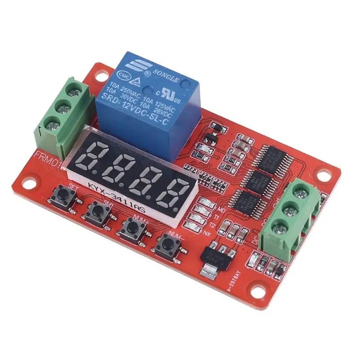Modul de control releu FRM01, 12V cu functie de temporizare, intarziere, ciclare si auto-blocare